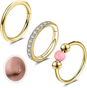 18G 3PCS Nose Rings Hoops 316L Surgical Steel Opalite Nose Rings for Women Clear CZ Nose Rings Hoop 8mm/10mm Septum Rings Clicker for Cartilage Daith Helix Tragus Conch Piercing Jewelry