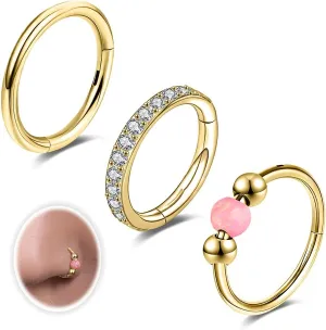 18G 3PCS Nose Rings Hoops 316L Surgical Steel Opalite Nose Rings for Women Clear CZ Nose Rings Hoop 8mm/10mm Septum Rings Clicker for Cartilage Daith Helix Tragus Conch Piercing Jewelry