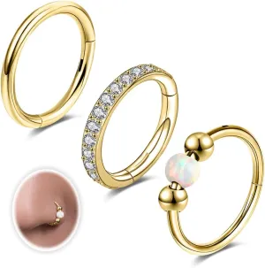 18G 3PCS Nose Rings Hoops 316L Surgical Steel Opalite Nose Rings for Women Clear CZ Nose Rings Hoop 8mm/10mm Septum Rings Clicker for Cartilage Daith Helix Tragus Conch Piercing Jewelry
