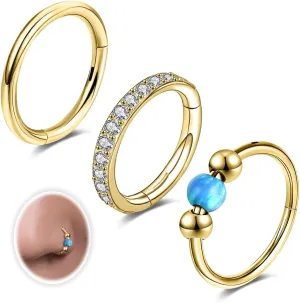 18G 3PCS Nose Rings Hoops 316L Surgical Steel Opalite Nose Rings for Women Clear CZ Nose Rings Hoop 8mm/10mm Septum Rings Clicker for Cartilage Daith Helix Tragus Conch Piercing Jewelry