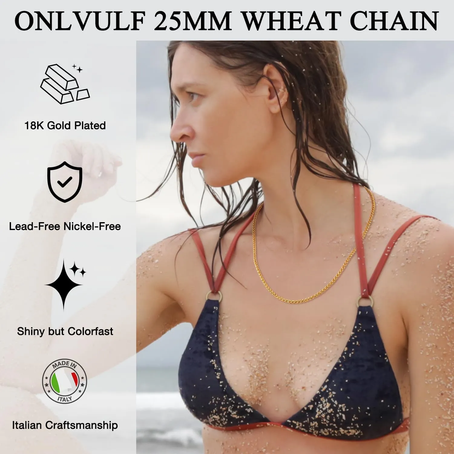 18k Gold Over 925 Sterling Silver Wheat Chain Necklace for Women Men, 2.5mm Chain Necklace for Women, Durable & Shiny & Sturdy Women's Chain Necklace, 16,18,20,22,24,26 Inch