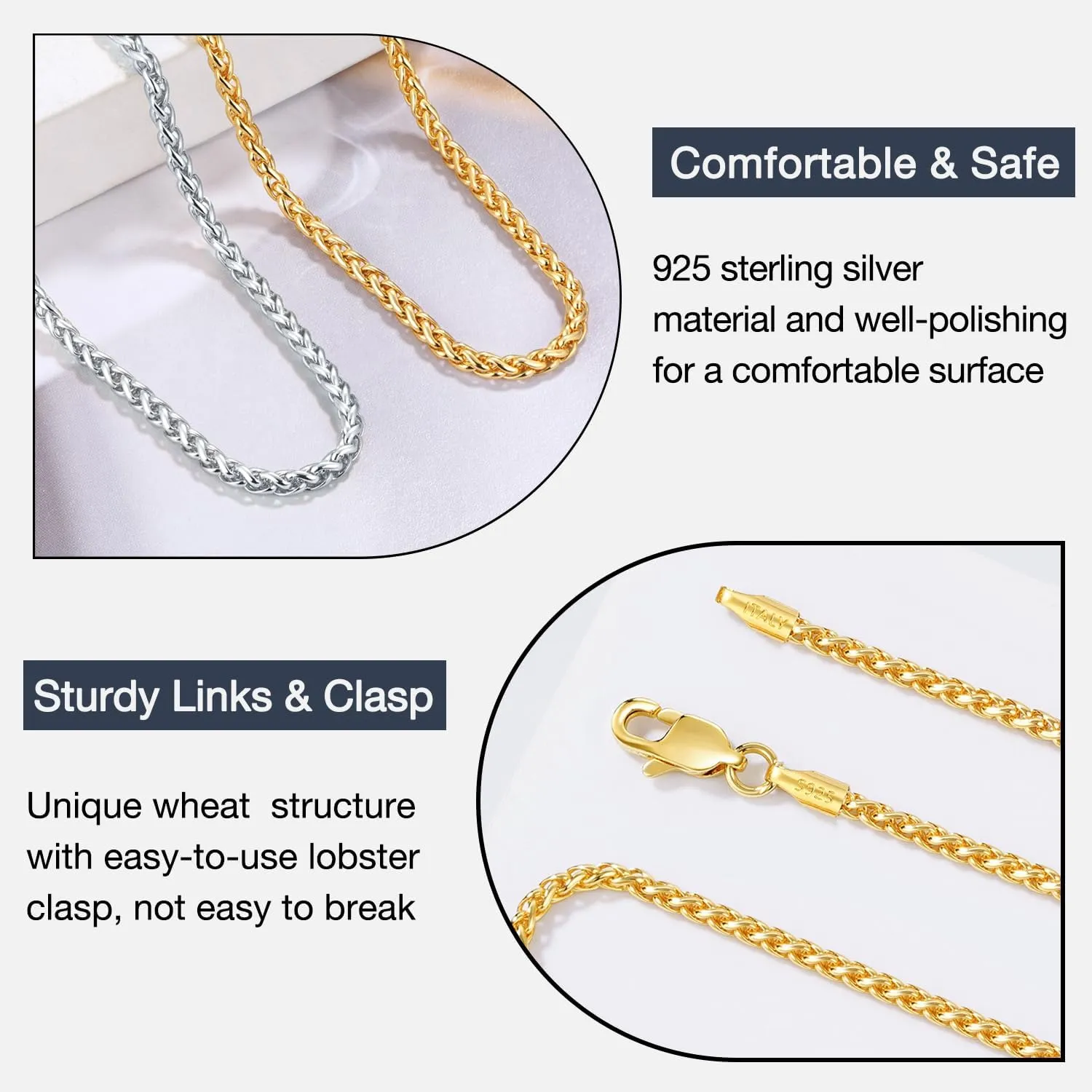 18k Gold Over 925 Sterling Silver Wheat Chain Necklace for Women Men, 2.5mm Chain Necklace for Women, Durable & Shiny & Sturdy Women's Chain Necklace, 16,18,20,22,24,26 Inch