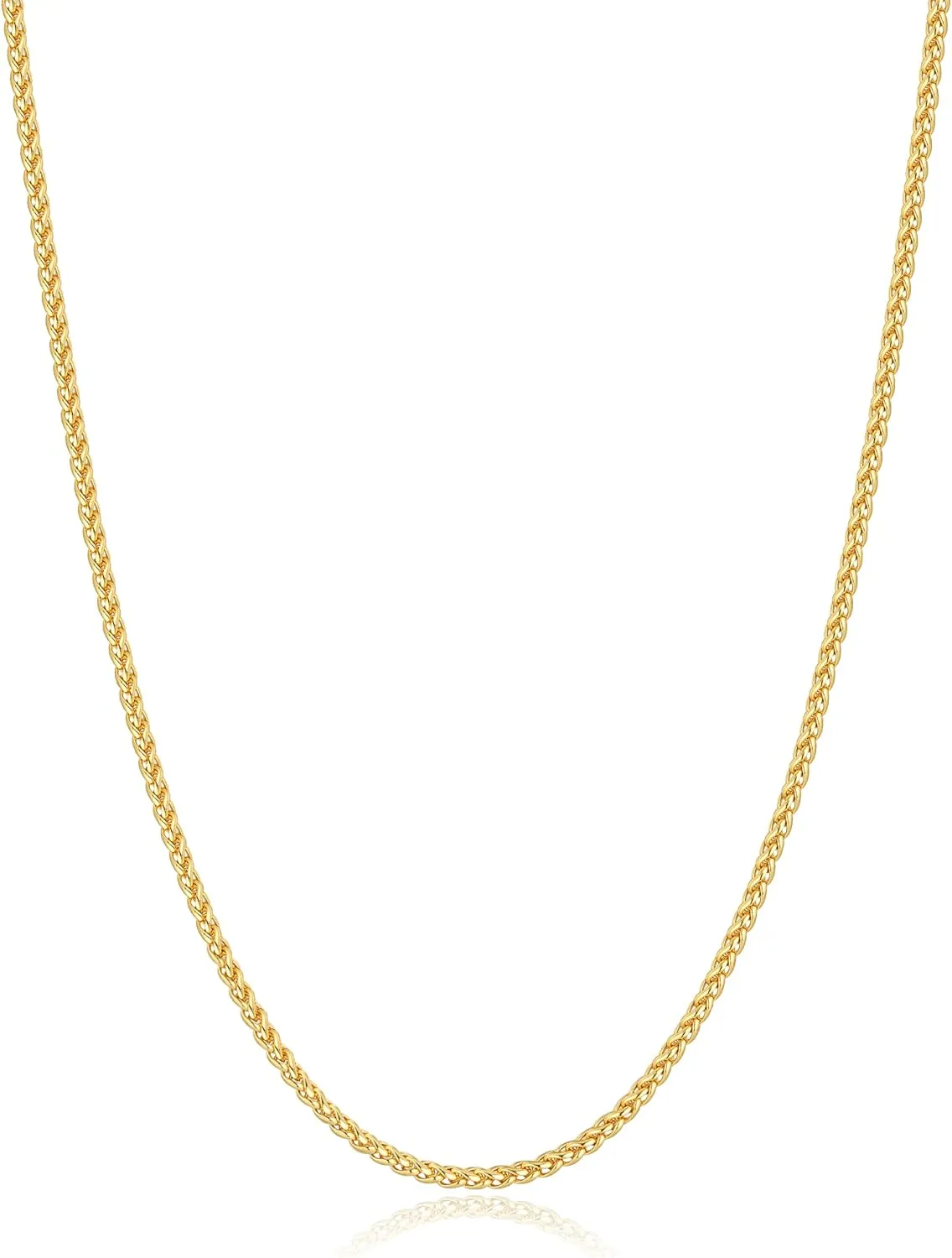 18k Gold Over 925 Sterling Silver Wheat Chain Necklace for Women Men, 2.5mm Chain Necklace for Women, Durable & Shiny & Sturdy Women's Chain Necklace, 16,18,20,22,24,26 Inch