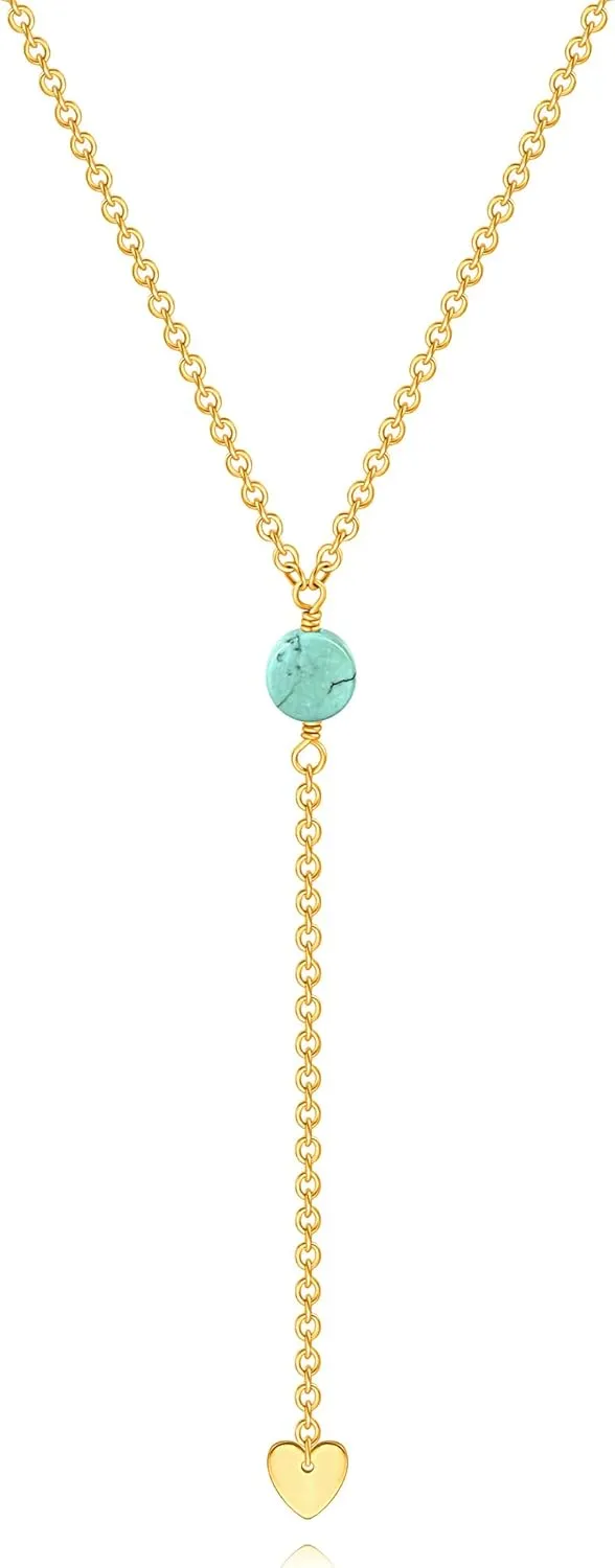 18K Gold Plated Adjustable Y Necklace for Women Round Pearl/Turquoise Heart/Fan Shaped Pendant Necklaces