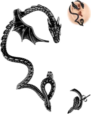 1PCS Gothic Dragon Ear Cuff Stainless Steel Retro Dragon Earrings Punk Snake Dragon Fish Crocodile Cuff Wrap Earrings Cartilage Climber Ear Earrings Stud for Women Men, Gold/Silver/Black