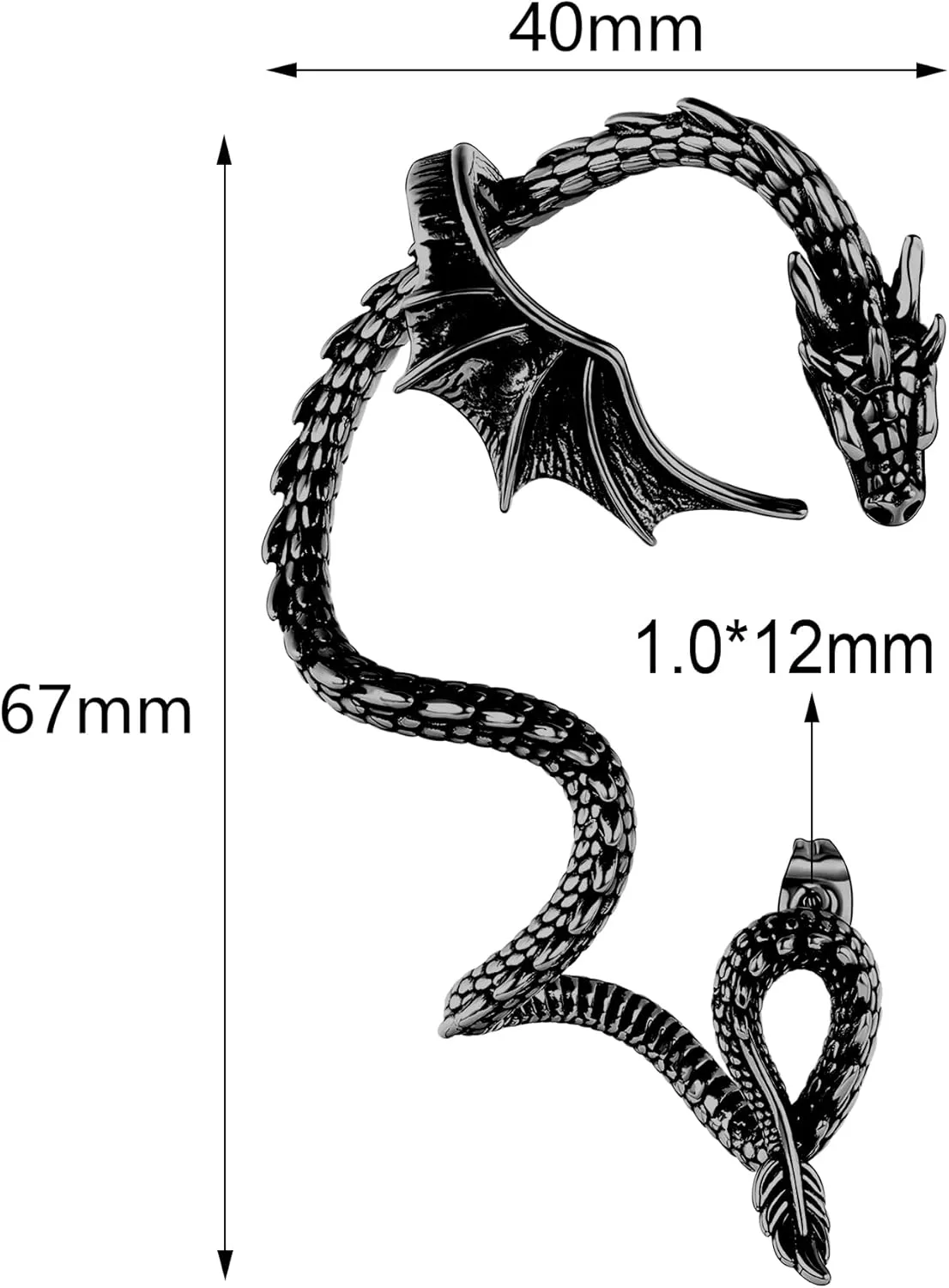 1PCS Gothic Dragon Ear Cuff Stainless Steel Retro Dragon Earrings Punk Snake Dragon Fish Crocodile Cuff Wrap Earrings Cartilage Climber Ear Earrings Stud for Women Men, Gold/Silver/Black