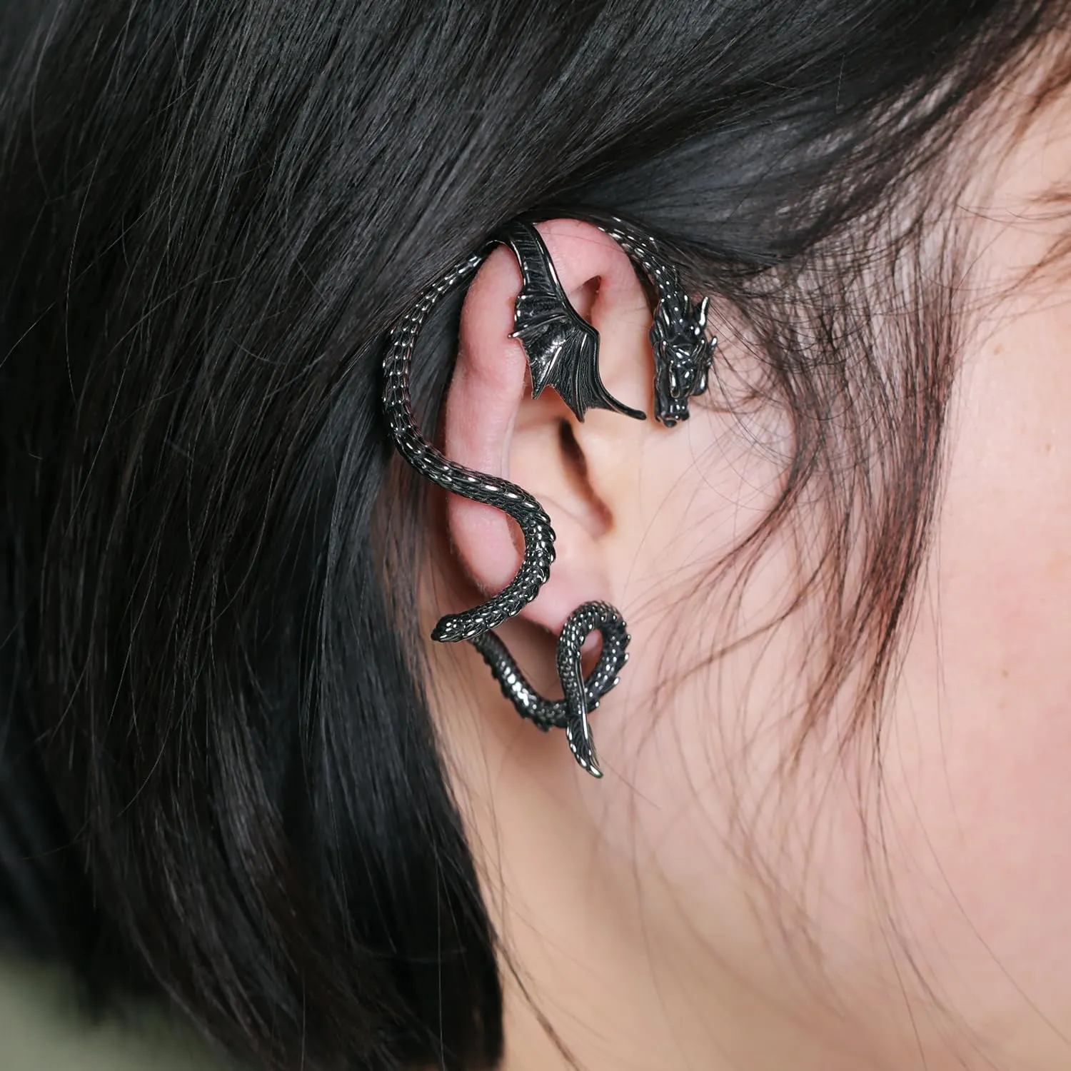 1PCS Gothic Dragon Ear Cuff Stainless Steel Retro Dragon Earrings Punk Snake Dragon Fish Crocodile Cuff Wrap Earrings Cartilage Climber Ear Earrings Stud for Women Men, Gold/Silver/Black