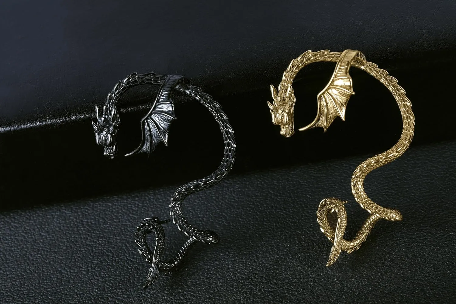 1PCS Gothic Dragon Ear Cuff Stainless Steel Retro Dragon Earrings Punk Snake Dragon Fish Crocodile Cuff Wrap Earrings Cartilage Climber Ear Earrings Stud for Women Men, Gold/Silver/Black