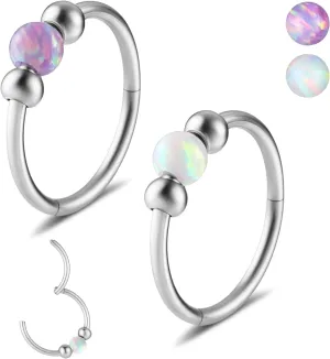 2 Pcs Opal Sparkle Nose Jewelry Hoops, 316L Stainless Steel Septum Ring, Hinged Nose Ring for Women, Opal Dangle Nose Stud, Suitable for Helix, Rook, Conch, and Cartilage Piercings, Earring Set with Opal Charms