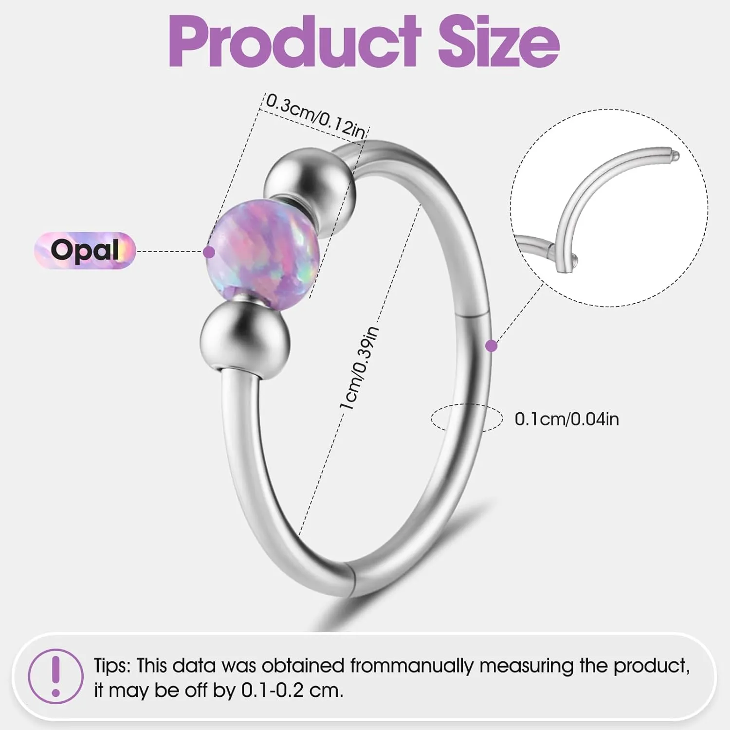2 Pcs Opal Sparkle Nose Jewelry Hoops, 316L Stainless Steel Septum Ring, Hinged Nose Ring for Women, Opal Dangle Nose Stud, Suitable for Helix, Rook, Conch, and Cartilage Piercings, Earring Set with Opal Charms