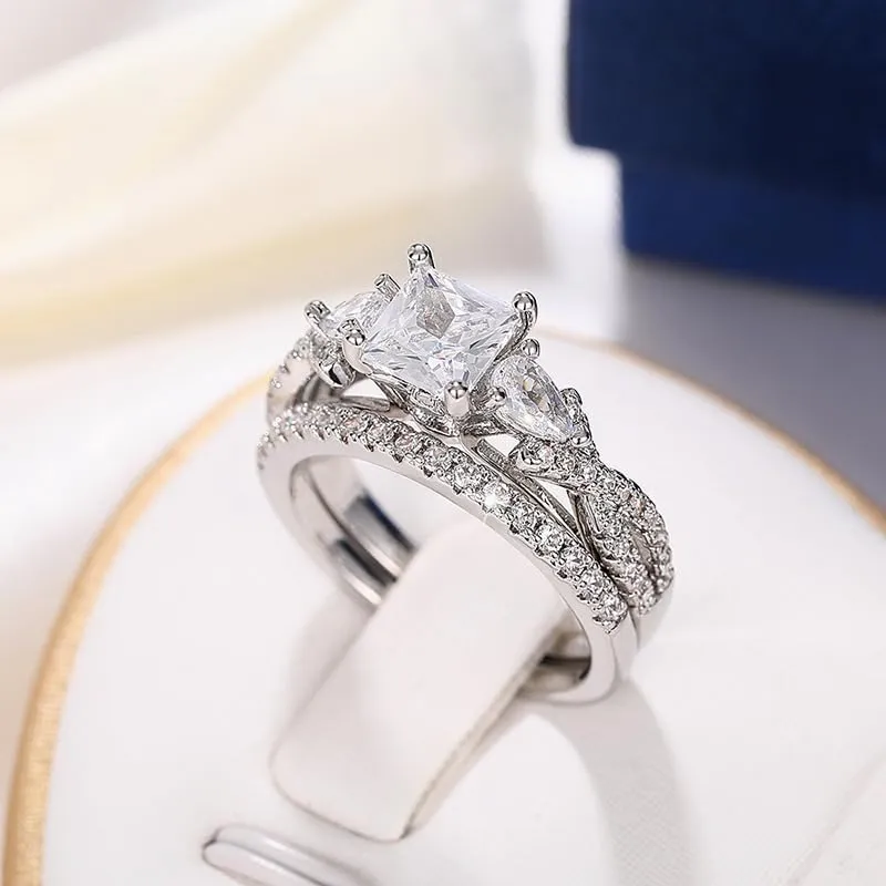 2 Piece Ring Set 18k White Gold Gold Cut Cubic Zirconia Ring Engagement Promise Bride Silver Band Stylish Lovely Princess Set Gift Jewelry 10