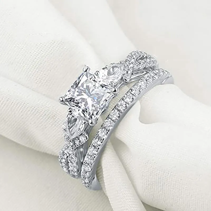 2 Piece Ring Set 18k White Gold Gold Cut Cubic Zirconia Ring Engagement Promise Bride Silver Band Stylish Lovely Princess Set Gift Jewelry 10