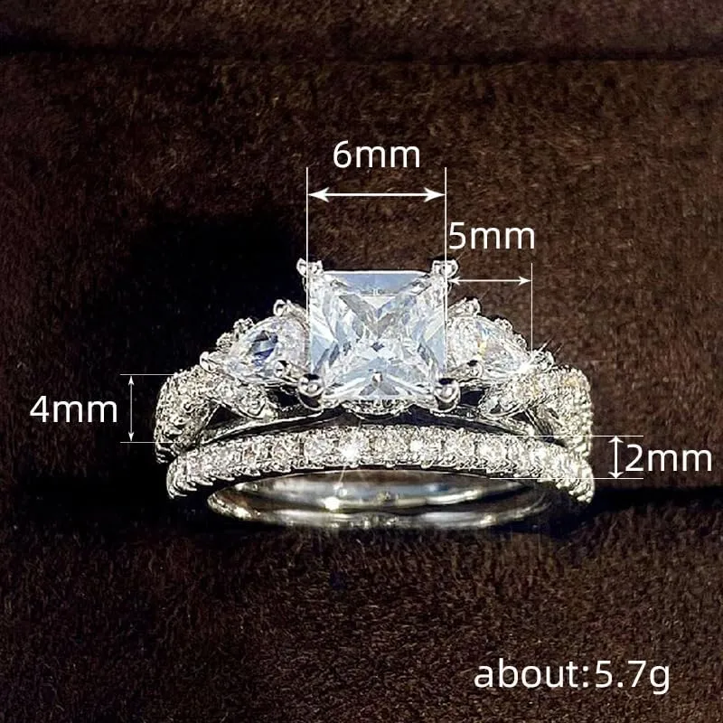 2 Piece Ring Set 18k White Gold Gold Cut Cubic Zirconia Ring Engagement Promise Bride Silver Band Stylish Lovely Princess Set Gift Jewelry 10