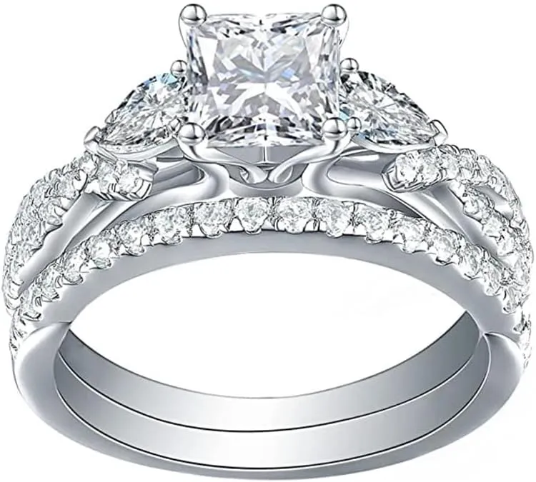 2 Piece Ring Set 18k White Gold Gold Cut Cubic Zirconia Ring Engagement Promise Bride Silver Band Stylish Lovely Princess Set Gift Jewelry 10