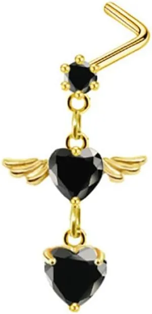 20G CZ Heart Dangle Nose Rings Stainless Steel L-Shaped Nose Studs Screws Dangling Gold Nose Piercing Jewelry for Women