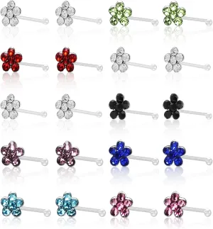 20PCS Boxed Basic Colorful Flower-Shaped Dot Diamond Straight Nose Studs, 925 Silver Hypoallergenic 22G Nose Studs, Fashionable and Simple Body Piercing Jewelry