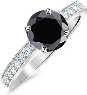 2.3 Carat 14K White Gold Classic Side Stone Pave Set With Milgrain Diamond Engagement Ring with a 2 Carat Black Diamond Center (Heirloom Quality)