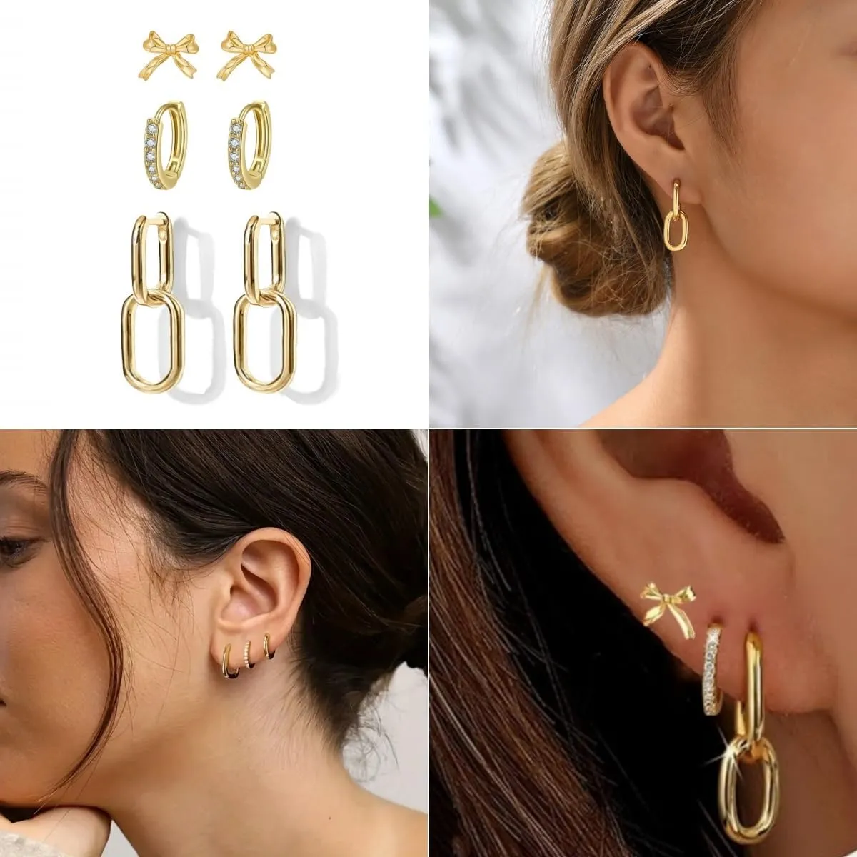 2/3 Pairs Gold Link Huggie Bow Earrings Set For Women | 14k Gold Plated Bow Studs Convertible Link Drop Dangle CZ Huggie Hoop Earrings For Women | Paperclip Link Statement Earrings Trendy Bow Earrings