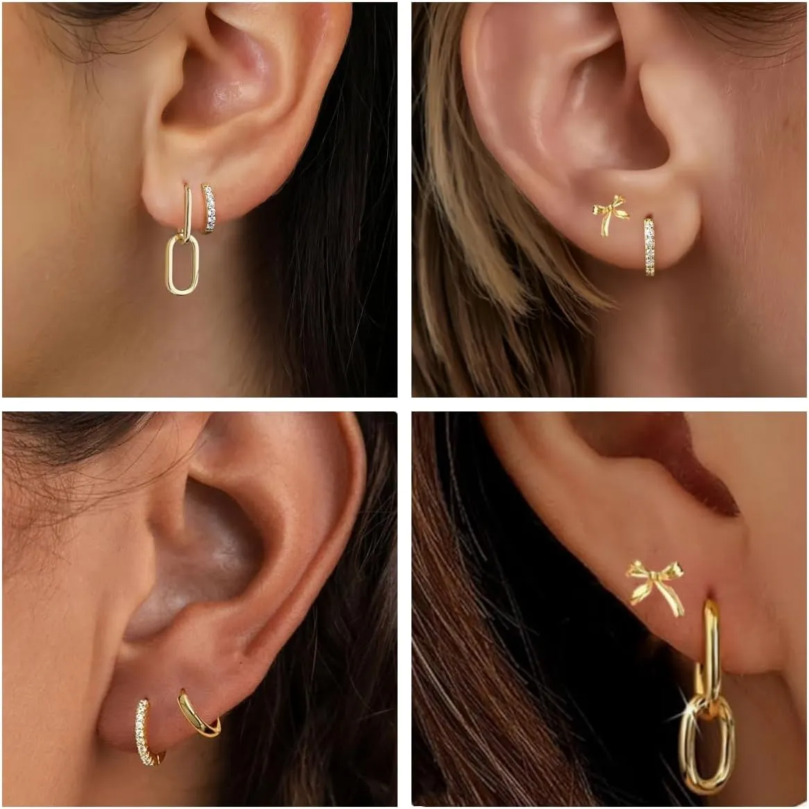 2/3 Pairs Gold Link Huggie Bow Earrings Set For Women | 14k Gold Plated Bow Studs Convertible Link Drop Dangle CZ Huggie Hoop Earrings For Women | Paperclip Link Statement Earrings Trendy Bow Earrings