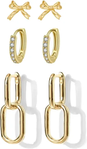 2/3 Pairs Gold Link Huggie Bow Earrings Set For Women | 14k Gold Plated Bow Studs Convertible Link Drop Dangle CZ Huggie Hoop Earrings For Women | Paperclip Link Statement Earrings Trendy Bow Earrings