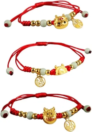 2/3 pcs 2024 New Year Zodiac Lucky Dragon Braided Bracelets Set Chinese Zodiac Animal Adjustable Charm Imitation Jade Dragon Prospects Blessing Sign Bracelets