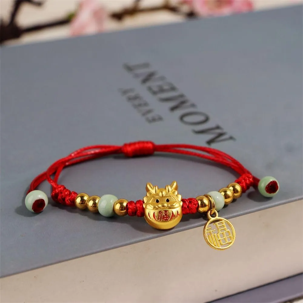 2/3 pcs 2024 New Year Zodiac Lucky Dragon Braided Bracelets Set Chinese Zodiac Animal Adjustable Charm Imitation Jade Dragon Prospects Blessing Sign Bracelets