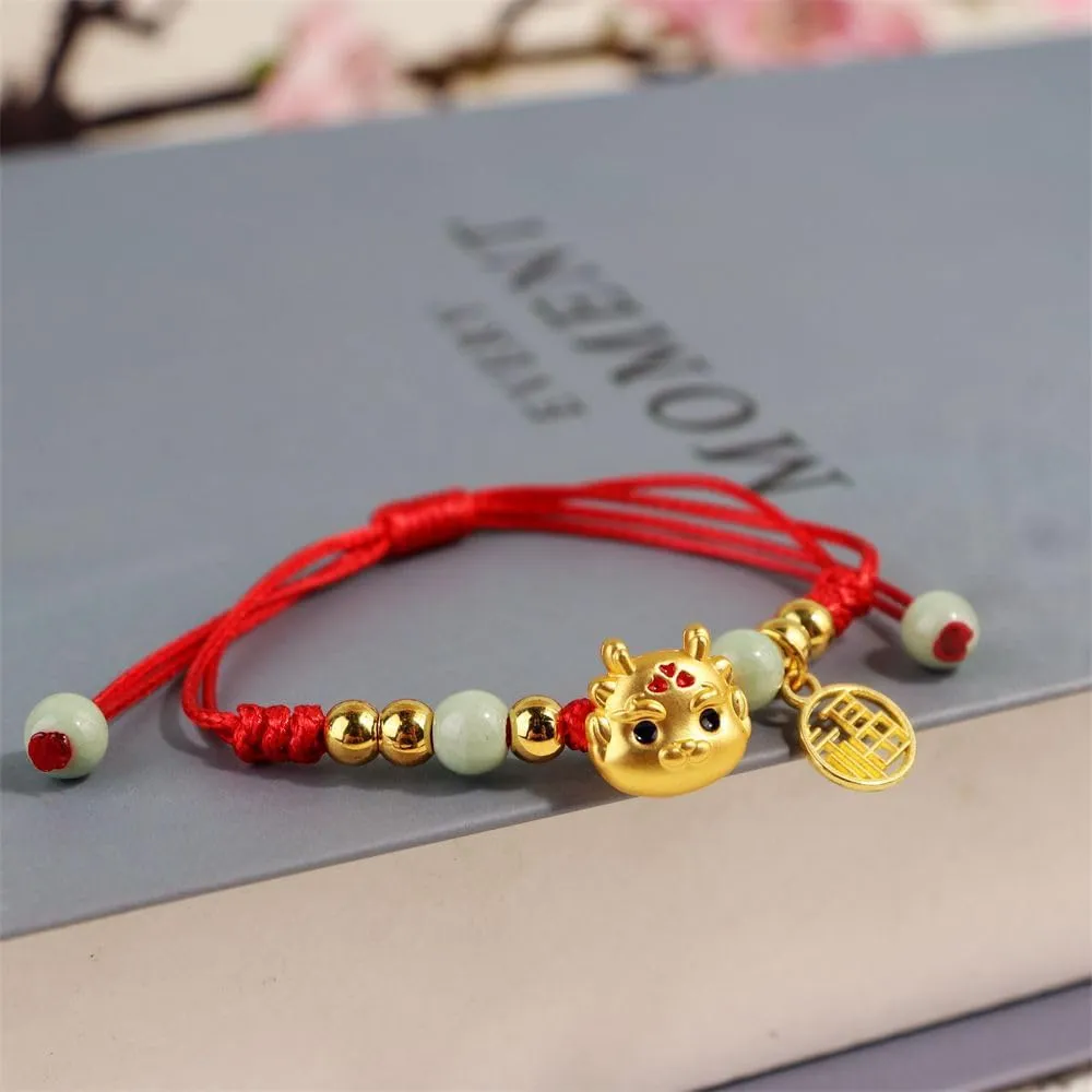 2/3 pcs 2024 New Year Zodiac Lucky Dragon Braided Bracelets Set Chinese Zodiac Animal Adjustable Charm Imitation Jade Dragon Prospects Blessing Sign Bracelets