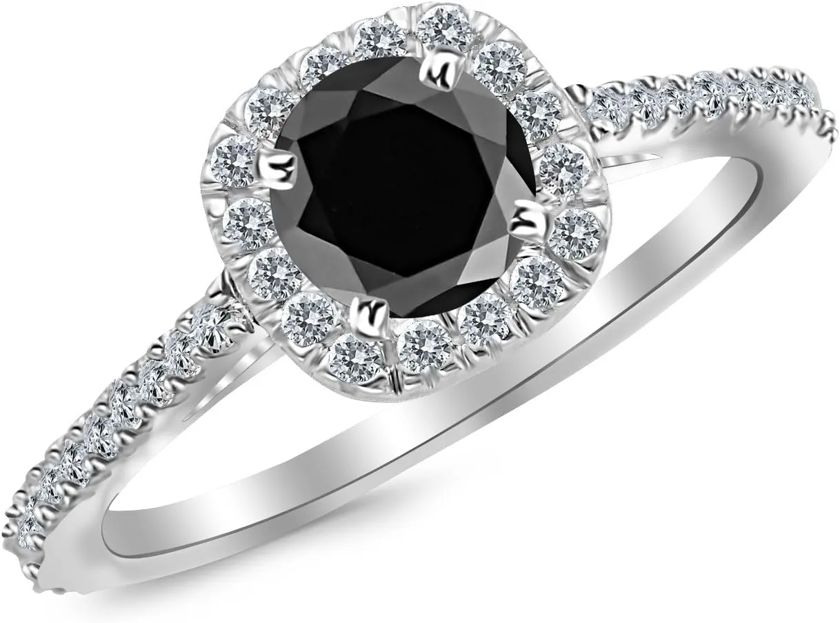 2.35 to 3.35 Carat 14K White Gold Gorgeous Classic Cushion Halo Style Diamond Engagement Ring with a 2 Carat Black Diamond Center