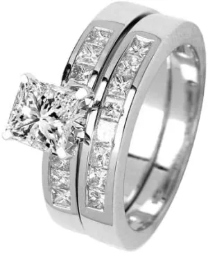 2.85 Carat 14K White Gold Classic Channel Set Princess Cut Diamond Engagement Ring and Wedding Band Set with a 2 Carat Moissanite Center
