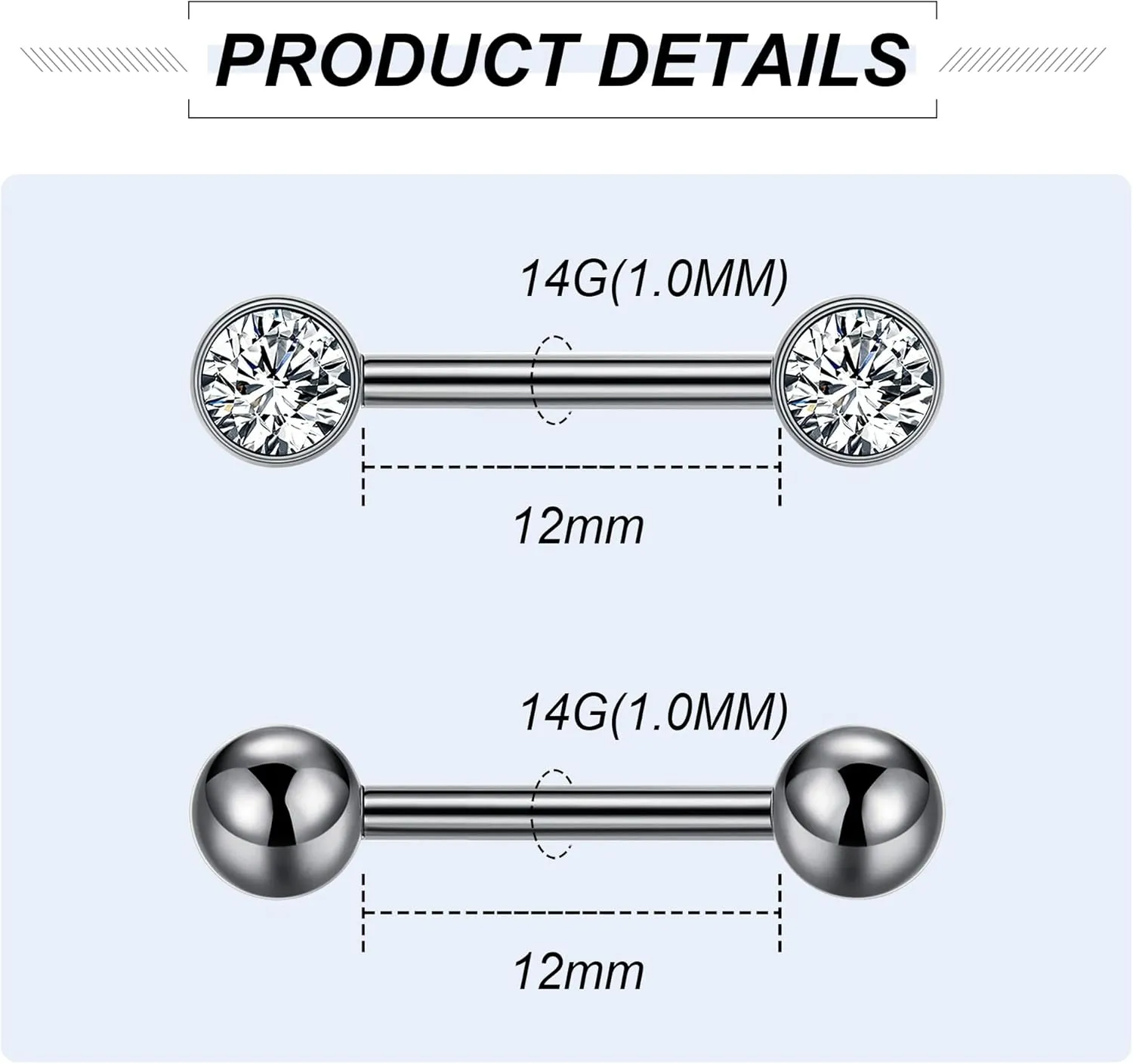 2Pairs 14G G23 Titanium Nipple Rings for Women Tongue Rings Straight Barbells Ring CZ Nipplerings Body Piercing Jewelry 12mm 14mm 16mm