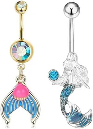 2Pcs 14G Mermaid Belly Button Rings for Women Dainty Stainless Steel Fish Tail Dangle Belly Rings Curved Barbell Summer Beach Navel Piercing Jewelry