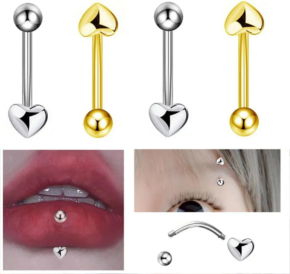 2Pcs 16G Heart Eyebrow Rings for Women Stainless Steel Eyebrow Curved Barbells Studs Lip Rings Cartilage Earrings Body Piercing Jewelry