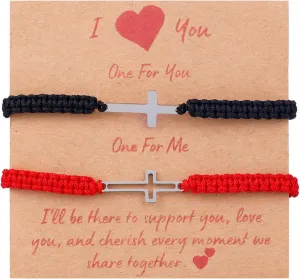 2pcs Adjustable Cross Bracelets, Matching Friendship Couple Bracelets with Metal Cross Charm Red & Black Braided Rope Jewelry for Men Women Christian Gifts