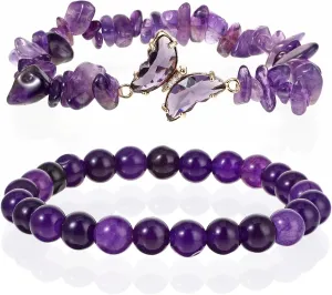 2Pcs Amethyst Beaded Bracelets for Women Stretch Purple Crystal Bead Friendship Bracelet with Butterfly Charms Stretchy Layered Bracelets Jewelry Gifts for Women Best Friend