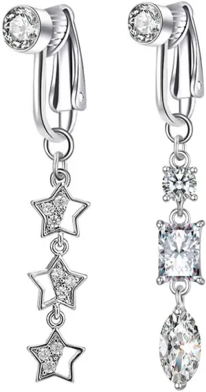 2Pcs Non Piercing Fake Belly Button Rings for Women Sparkle Star Square CZ Dangle Belly Button Rings Non Pierced Clip On Belly Navel Rings Fake Belly Jewelry