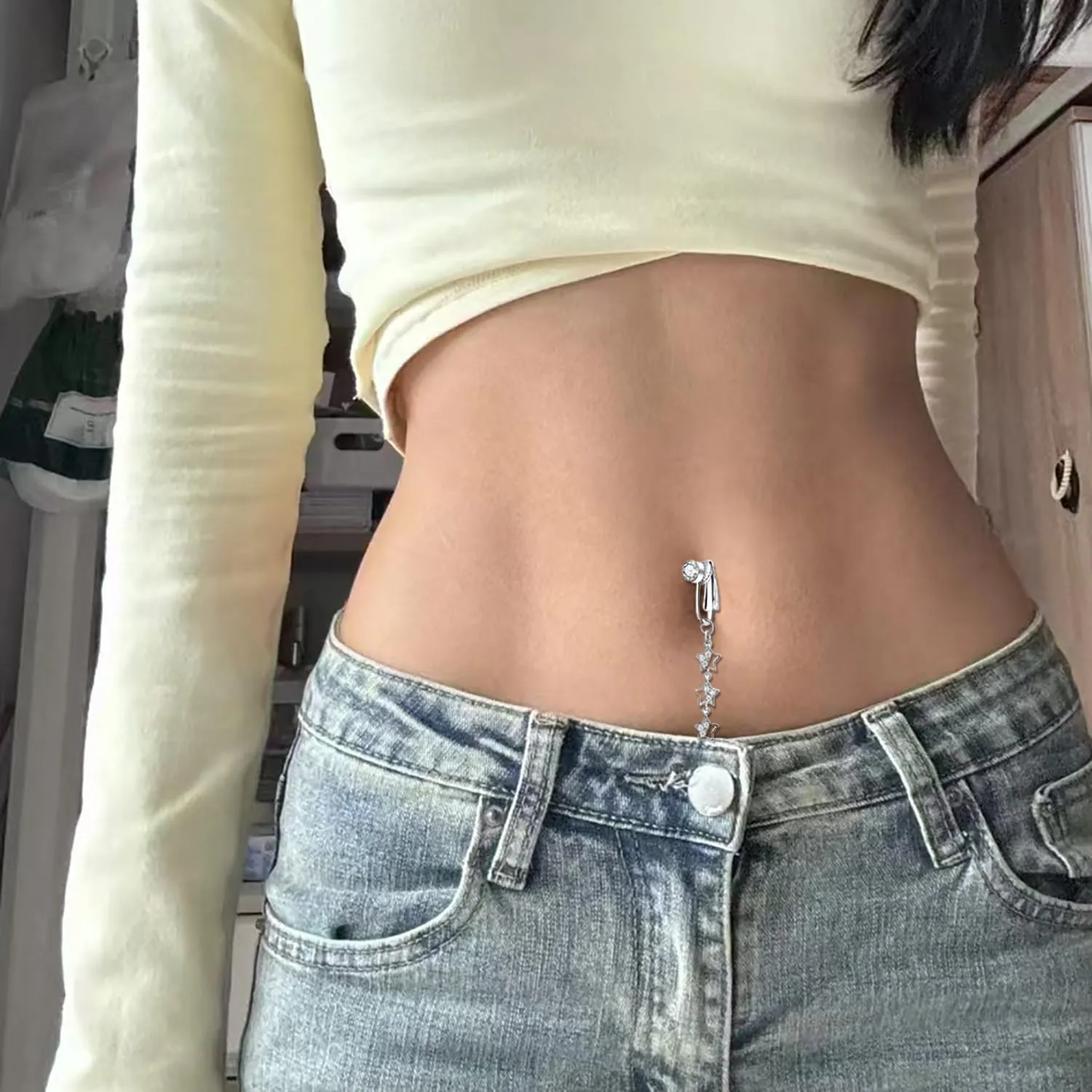 2Pcs Non Piercing Fake Belly Button Rings for Women Sparkle Star Square CZ Dangle Belly Button Rings Non Pierced Clip On Belly Navel Rings Fake Belly Jewelry