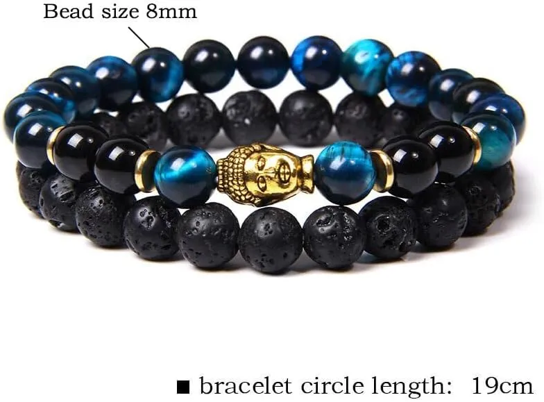 2pcs/set Naural Lava Beads Bracelet 8mm Tiger Eye Beads Gold Color Buddha Head Charm Bracelet Prayer Jewelry