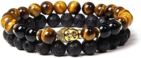 2pcs/set Naural Lava Beads Bracelet 8mm Tiger Eye Beads Gold Color Buddha Head Charm Bracelet Prayer Jewelry
