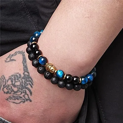 2pcs/set Naural Lava Beads Bracelet 8mm Tiger Eye Beads Gold Color Buddha Head Charm Bracelet Prayer Jewelry