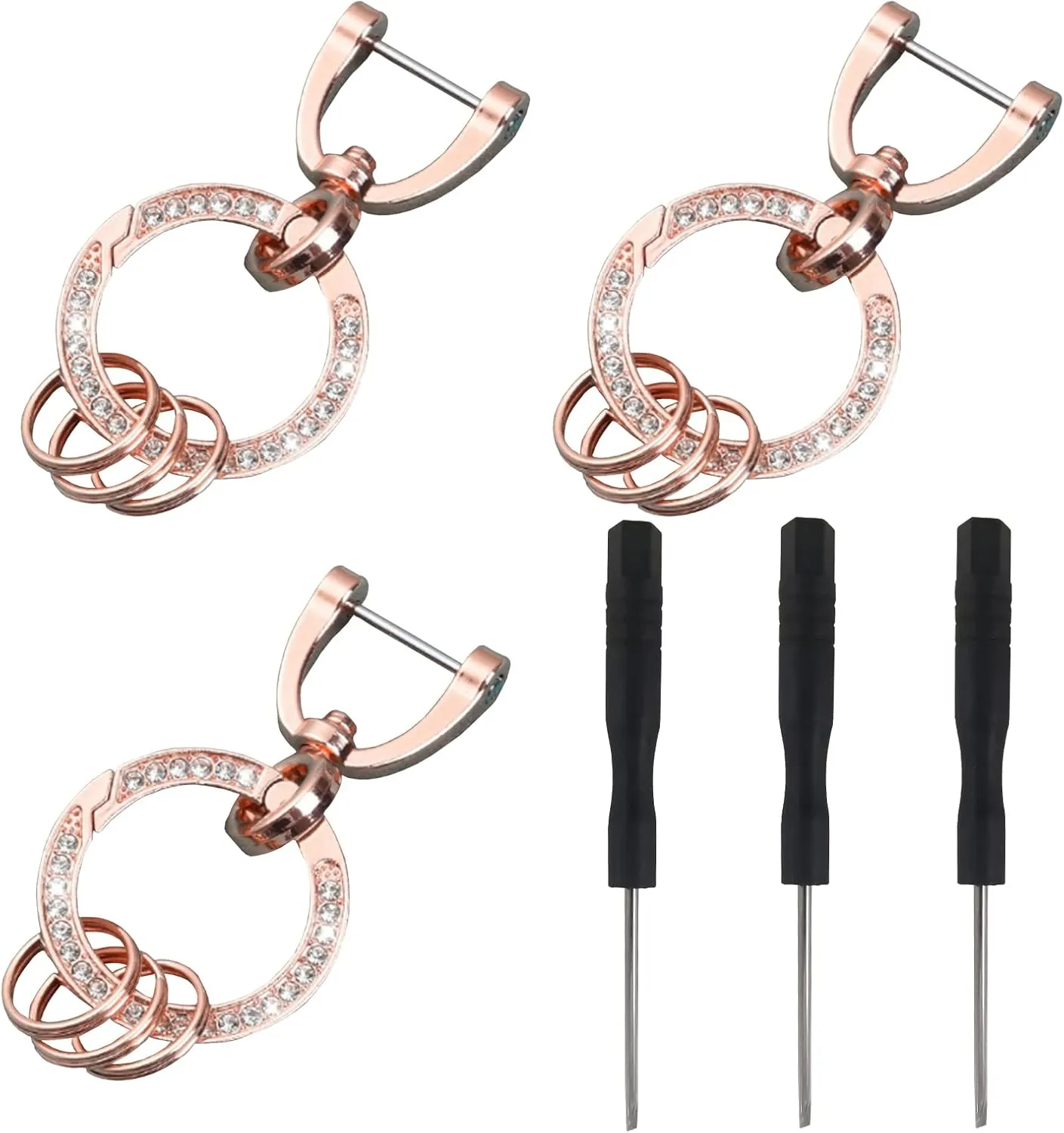 3 Pack Bling Car Keychain for Women,Diamond Keychain Accessories with Crystal Rhinestone, Fashionable Ring Clip Hook Loop Key Holder with Screwdriver for Lady Girls (Rose Gold)