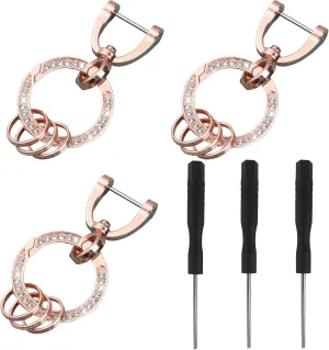 3 Pack Bling Car Keychain for Women,Diamond Keychain Accessories with Crystal Rhinestone, Fashionable Ring Clip Hook Loop Key Holder with Screwdriver for Lady Girls (Rose Gold)