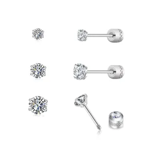 3 Pairs Stud Earrings For Women, Cartilage Earring Helix Piercing Jewelry Silver Diamond Stud Earrings 14K Gold Plated Hypoallergenic Tiny Cubic Zirconia Screw Back Earrings For Girls Women