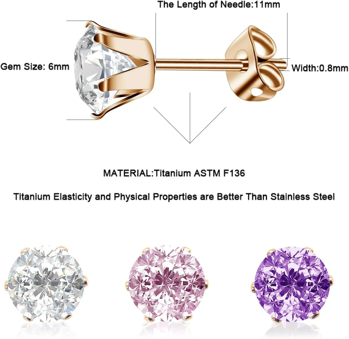 3 Pairs/Set Titanium Cubic Zirconia Stud Earrings Brilliant Cut Simulated Diamond CZ Earrings Hypoallergenic Ear Studs for Sensitive Ears