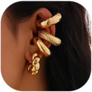 3 PCS Chunky Gold Ear Cuffs Earrings for Women Gold Chunky Ear Cuffs Clip On Cartilage Hoop Earring for Women Non Piercing Trendy Hollow Lightweight Thick Gold Earrings