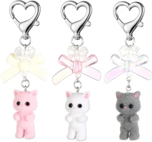 3 Pcs Cute Cat Keychain, Fuzzy Cat Keychain Aesthetic Keychain Matching Cat Keychains Delicate Kitty Keychains Decor Y2K Heart Bow Pendant for Women Cat Keychain Charms for Backpack, Purse, Phone