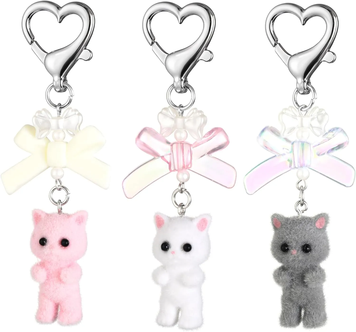 3 Pcs Cute Cat Keychain, Fuzzy Cat Keychain Aesthetic Keychain Matching Cat Keychains Delicate Kitty Keychains Decor Y2K Heart Bow Pendant for Women Cat Keychain Charms for Backpack, Purse, Phone