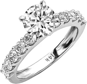 3.9 Carat t.w. 14K White Gold Classic Side Stone Prong Set Diamond Engagement Ring with a 3 Ct Forever Brilliant Round Moissanite Center