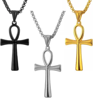 3Pcs Alloy Egyptian Coptic Ankh Necklace Cross Necklace Pendant for Men Women Religious Jewelry
