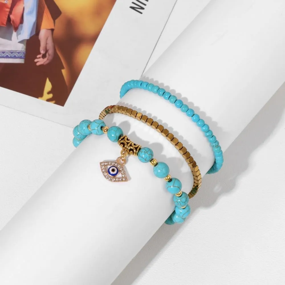 3pcs Evil Eye Bracelets For Women MenBeaded Natural Stone Lucky Charm Dainty Funny Protection Cool Couple Friendship Bracelets For Women Men Jewelry