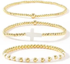 3PCS/Set Dainty Cross Gold Bracelets Stack for Women,Handmade Boho Gold Beaded Stretch Stackable Bracelets Trendy Prom Jewelry Gift Friendship